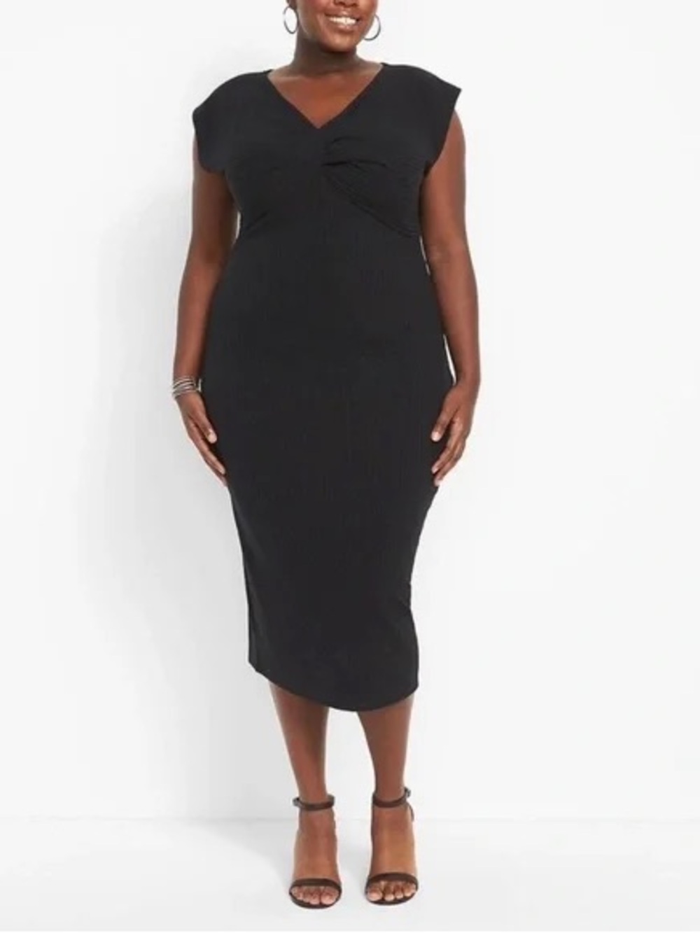 Lane Bryant Chic Black Twist-Front Ribbed Midi Fitted Dress Plus Size 14 16